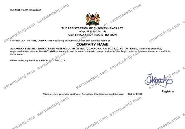 Kenya certificate of registration Word and PDF template